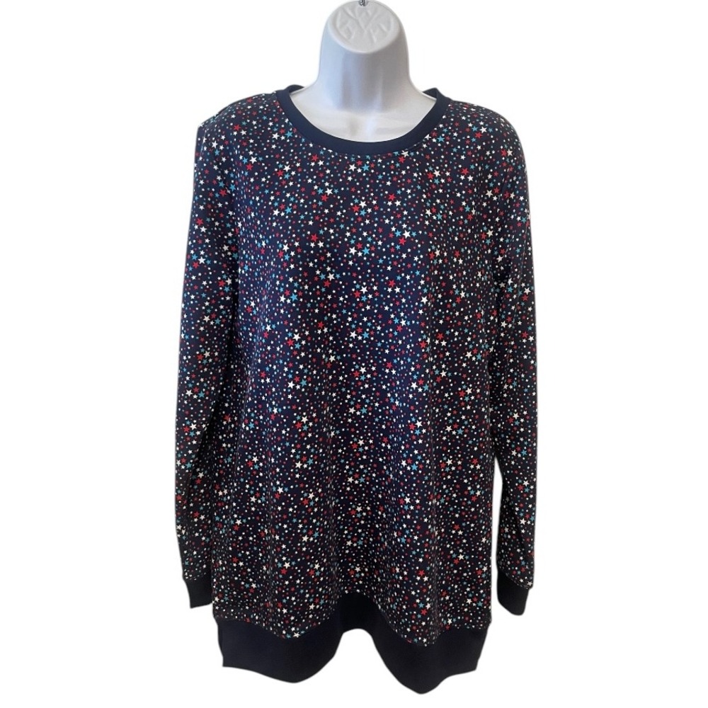 Lands End Serious Sweats Star Print‎  Sweatshirt Navy Blue Red White M/T 10-12